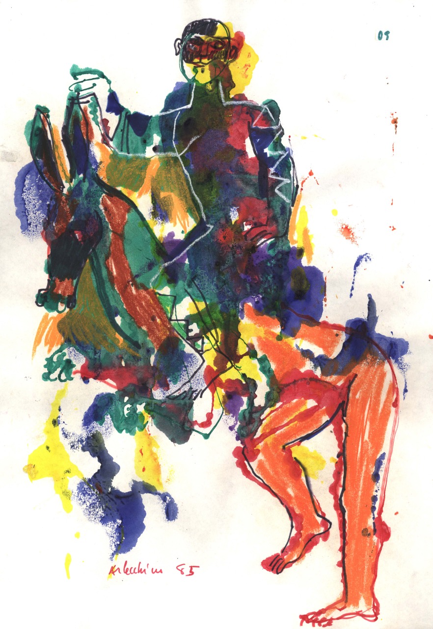 Arlecchino sull'asino, figura maschile in costume, in groppa a un asino (disegno) di Fo, Dario, Fo, Dario (XX)