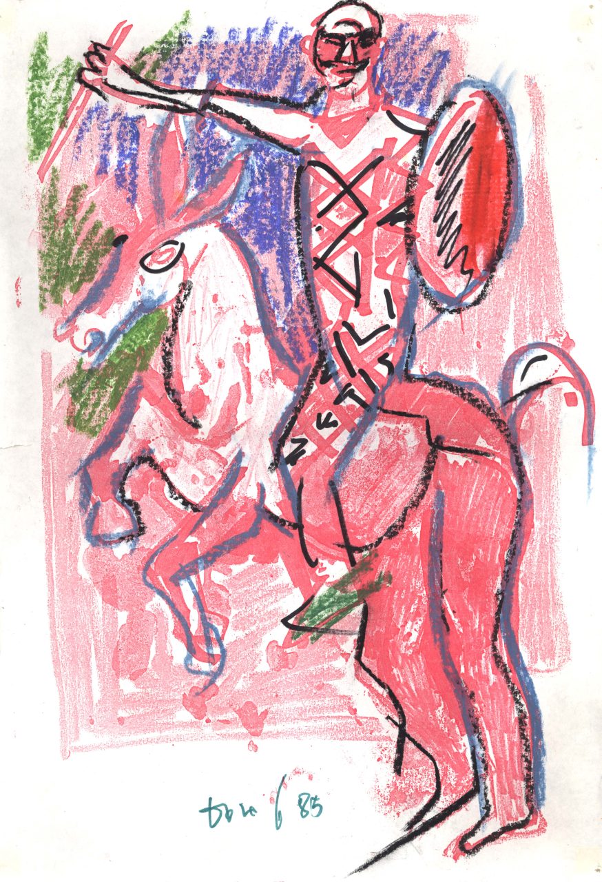 Arlecchino sull'asino, figura maschile in costume, in groppa a un asino (disegno) di Fo, Dario, Fo, Dario (XX)