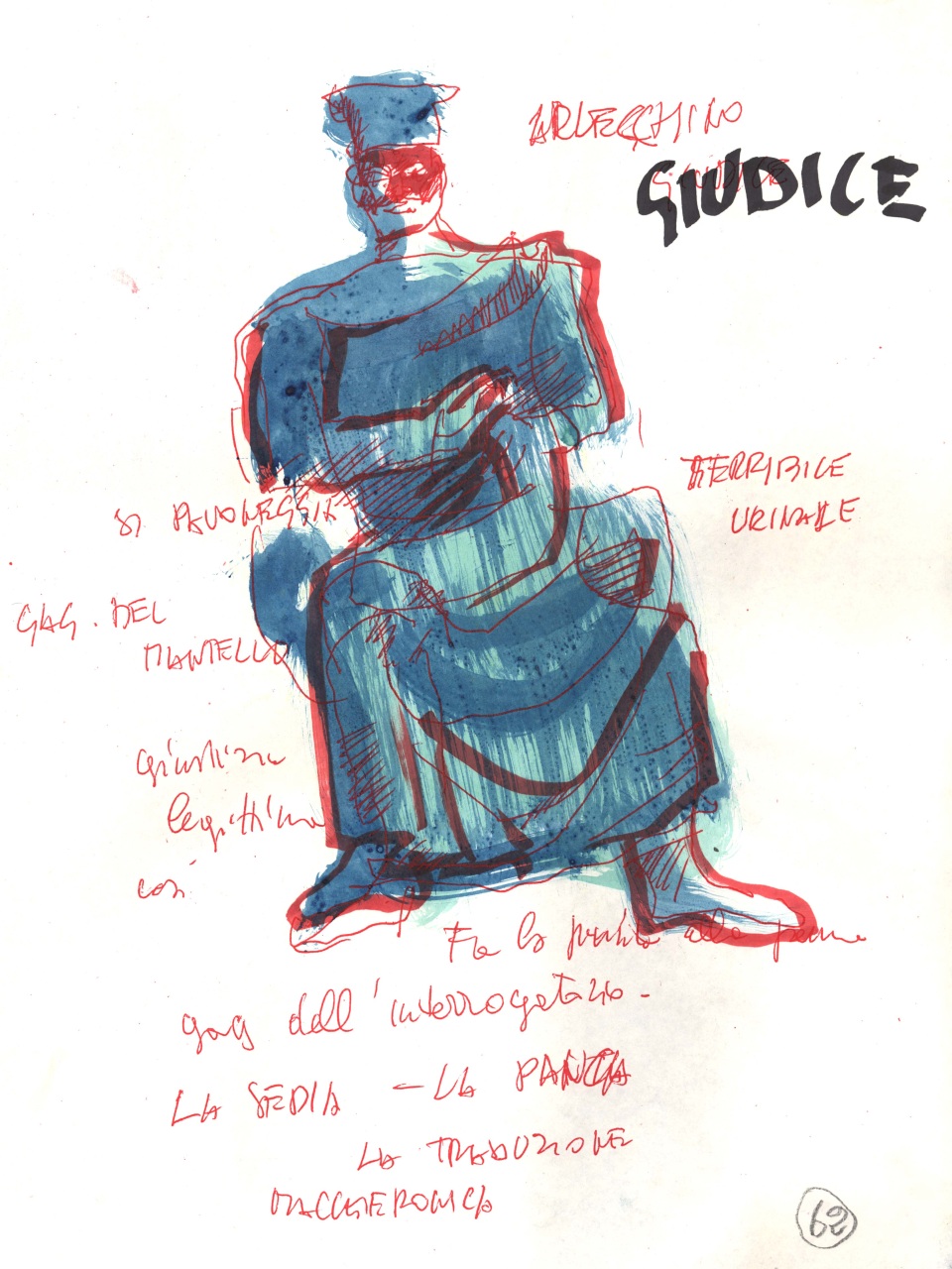 Arlecchino Giudice, appunti con schizzi e note manoscritte (disegno) di Fo, Dario, Fo, Dario (XX)