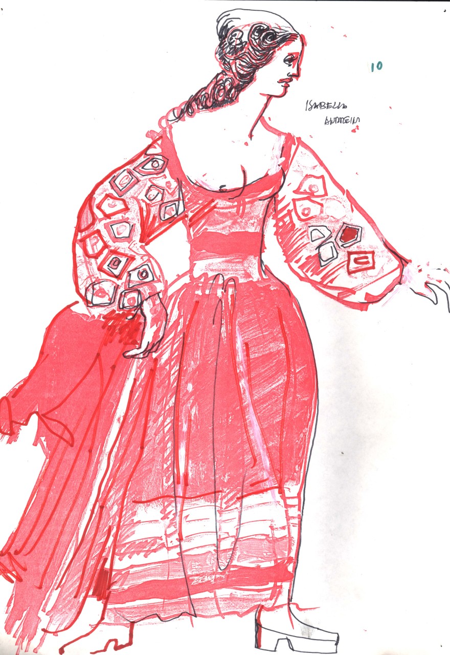 Isabella Andreini, figurino per costume di scena, femminile (disegno) di Fo, Dario (XX)