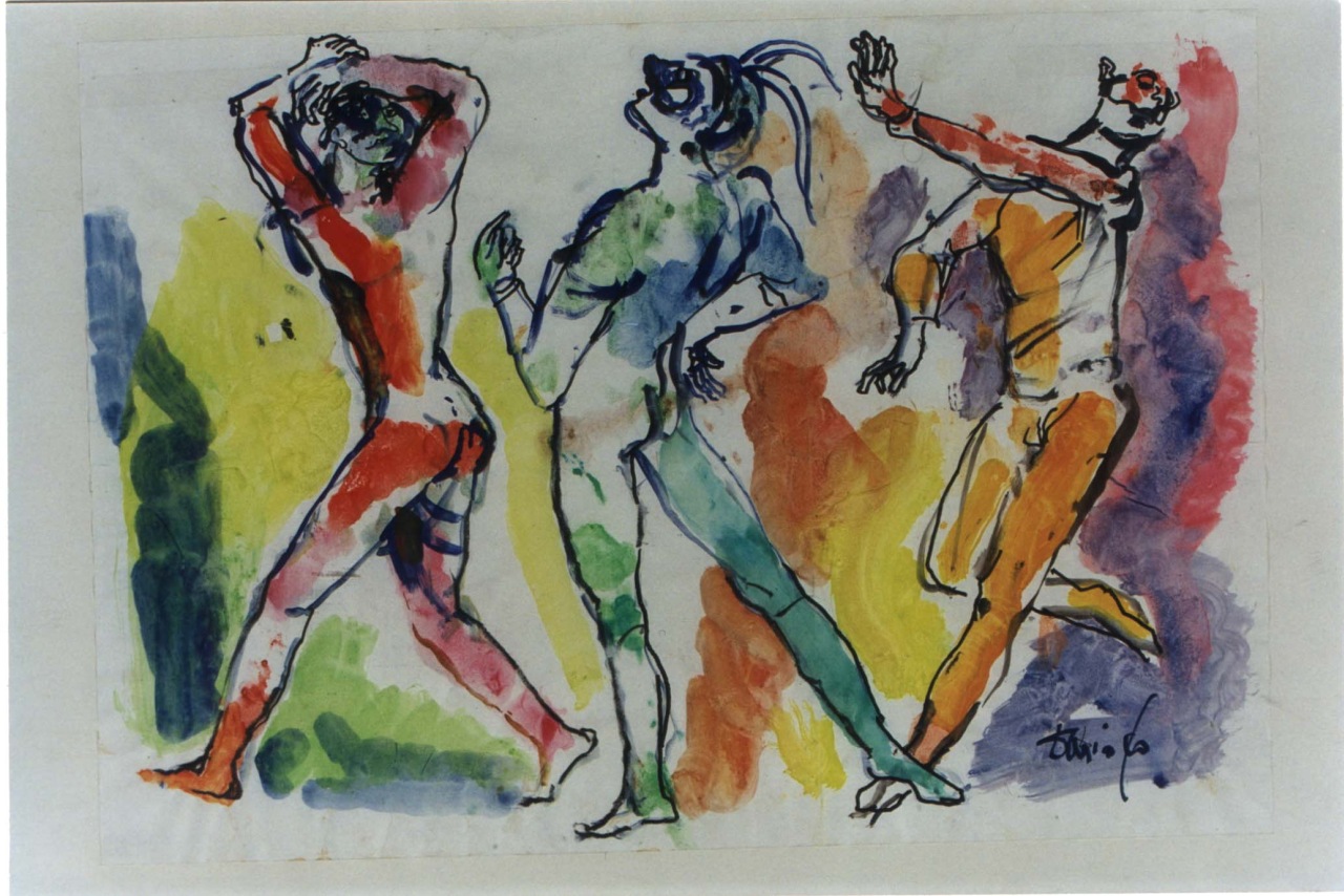 Gli zanni che danzano, figure umane in movimento (dipinto) di Fo, Dario (XX)