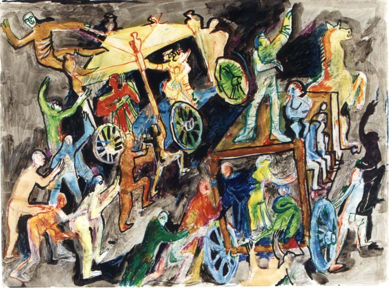 Il carretto dei comici, Il presunto carretto dei comici, uomini con carri trainati da cavalli (dipinto) di Fo, Dario (XX)