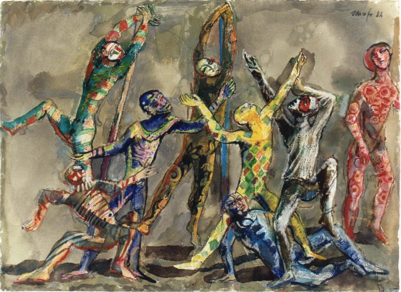 Comici, La danza degli zanni, figure umane in costume di scena in movimento (dipinto) di Fo, Dario (XX)