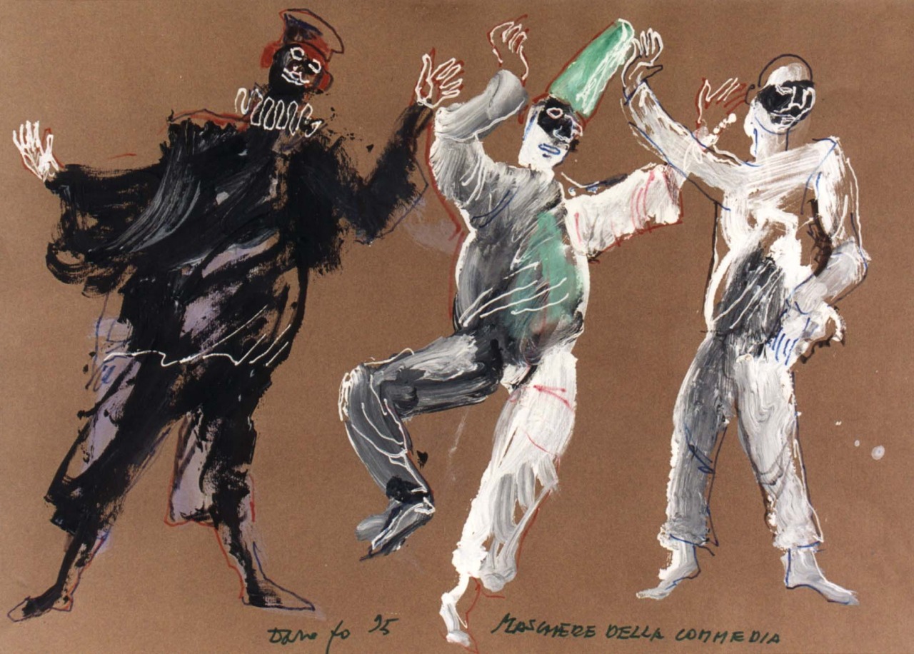 Personaggi della Commedia dell'Arte, figure maschili in costume di scena in movimento di danza (dipinto) di Fo, Dario (XX)
