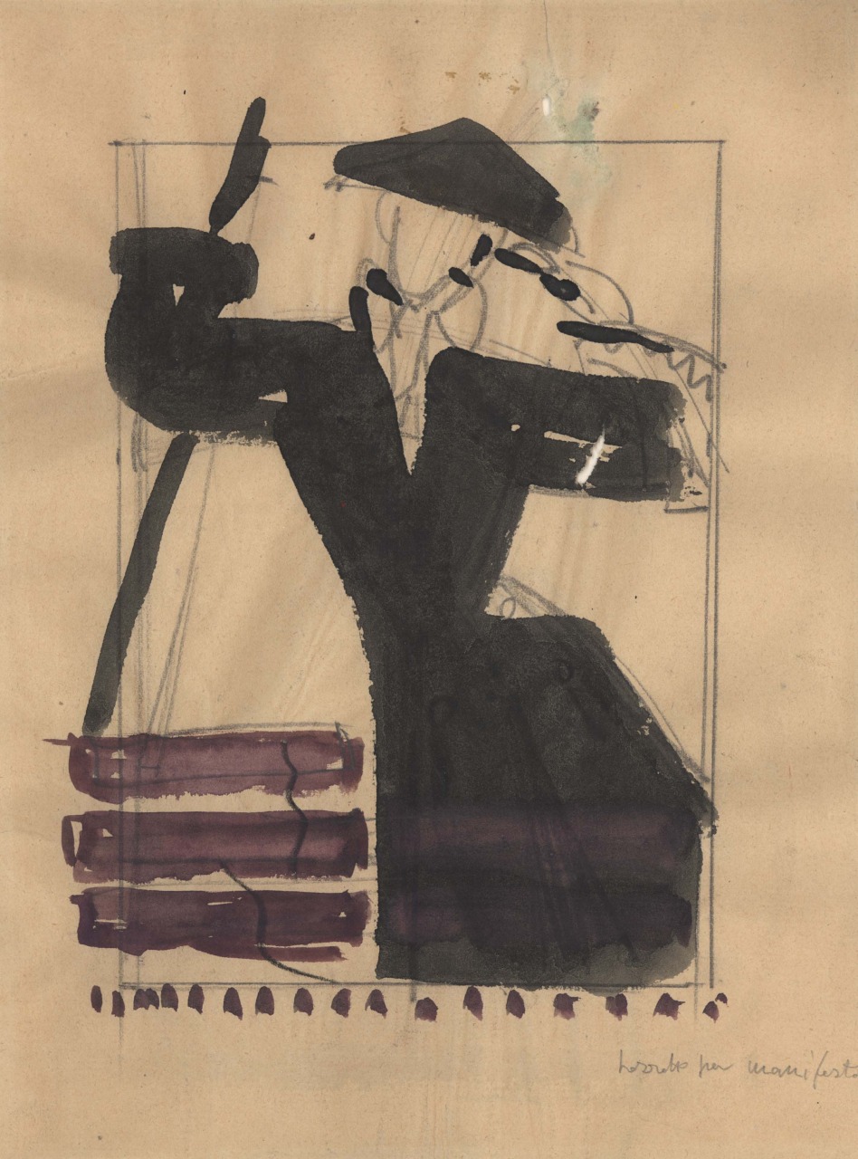 La Marcolfa, donna in abito nero su un'altalena, studio per manifesto (disegno) di Fo, Dario (XX)