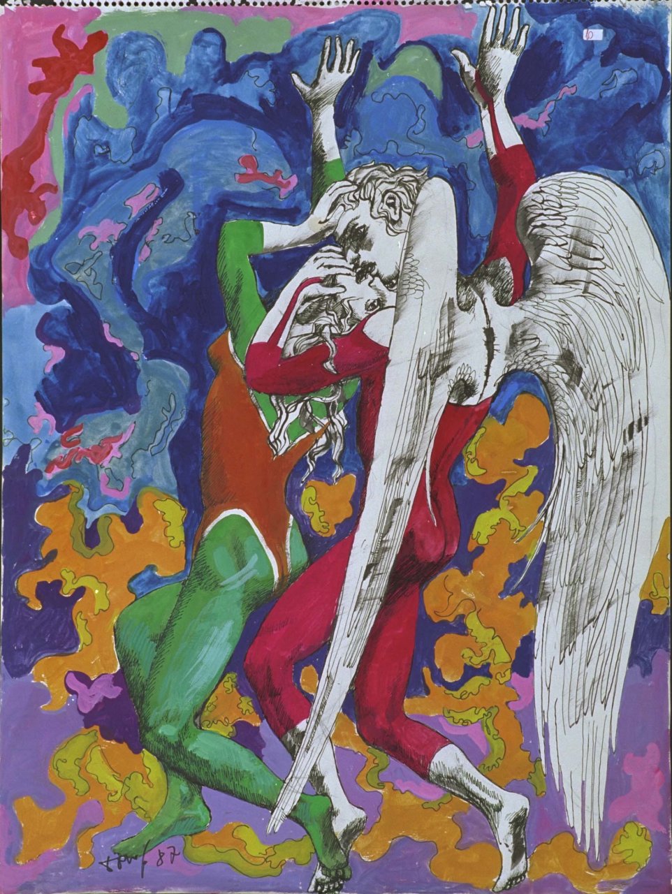 arcangelo e donna, nel bacio, durante un rapporto amoroso, studio di figure per manifesto (dipinto - bozzetto) di Fo, Dario (XX)