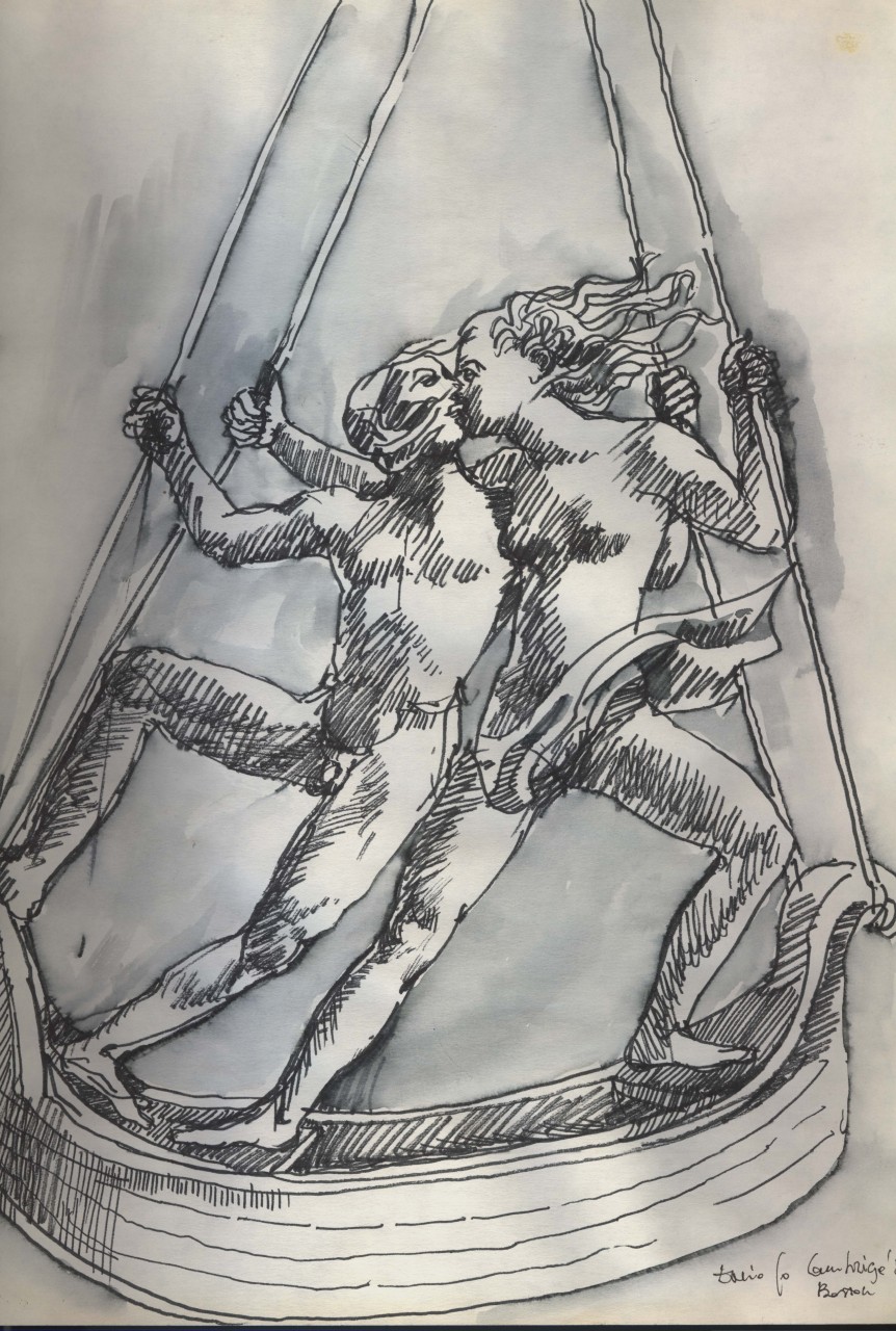 figura maschile e figura femminile su una barca ad altalena, studio per manifesto (disegno) di Fo, Dario (XX)