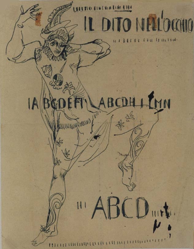 figura maschile con dito nell'occhio, studio per manifesto (disegno) di Fo, Dario (XX)