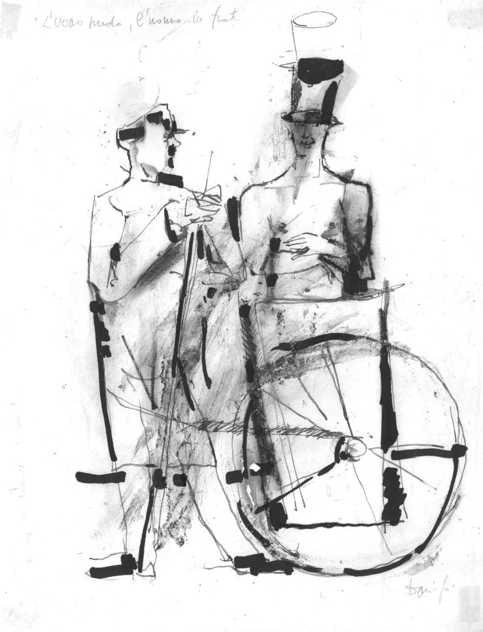 L'uomo nudo, l'uomo in frack, due uomini con bidone dell'immondizia con ruote, studio per manifesto (disegno) di Fo, Dario (XX)