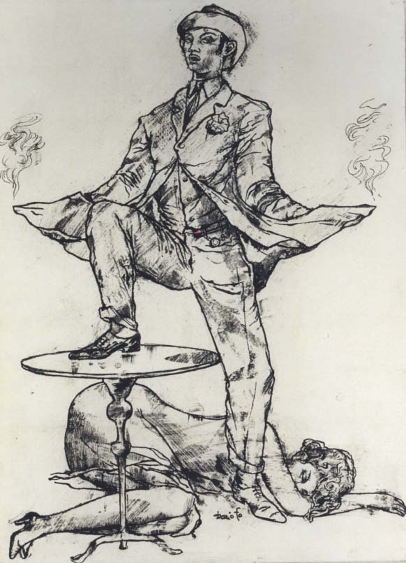 uomo in abito civile e donna distesa a terra, studio per manifesto (disegno) di Fo, Dario (XX)