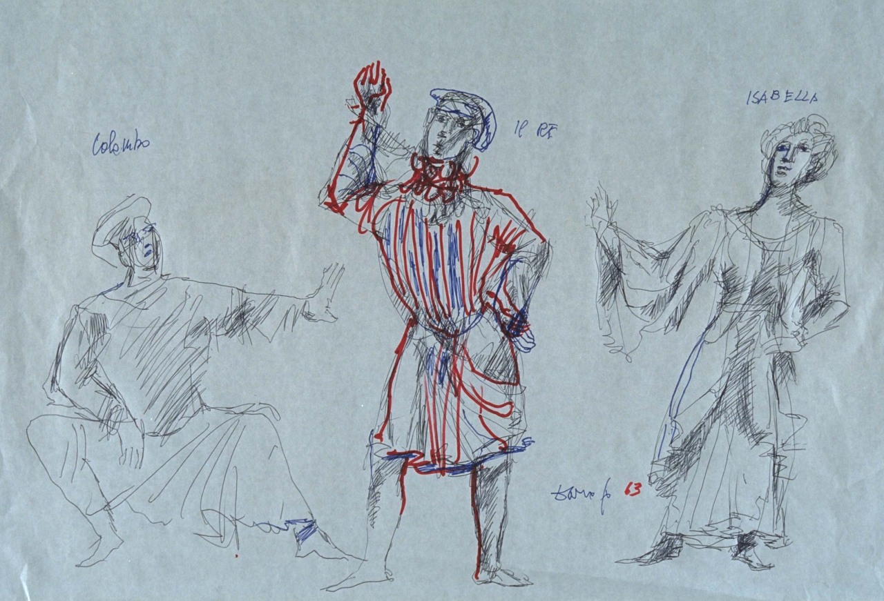 studio di figure per azione scenica, studio dei personaggi teatrali Cristoforo Colombo, re Ferdinando e regina Isabella (disegno) di Fo, Dario (XX)