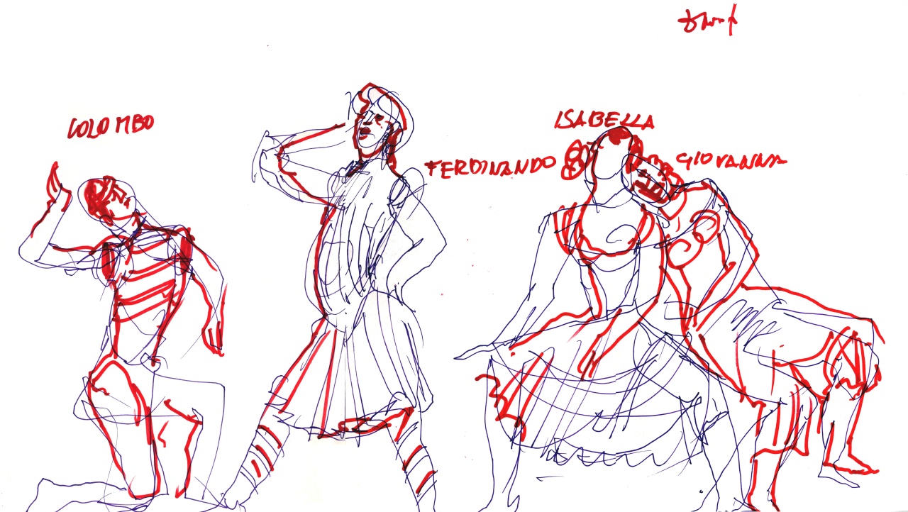 studio di figure per azione scenica, studio dei personaggi teatrali Cristoforo Colombo, re Ferdinando, regina Isabella e Giovanna (disegno) di Fo, Dario (XX)