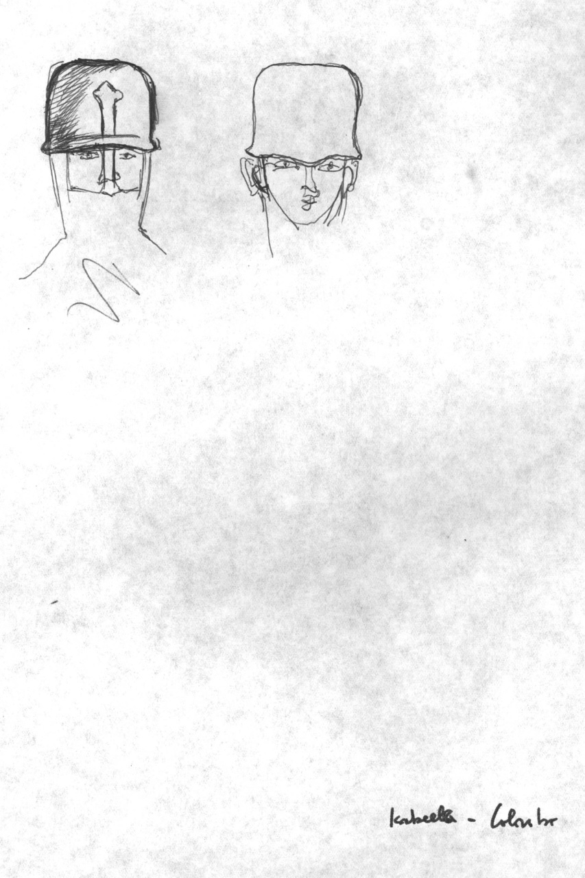 studio di due teste con elmi (disegno) di Fo, Dario (XX)