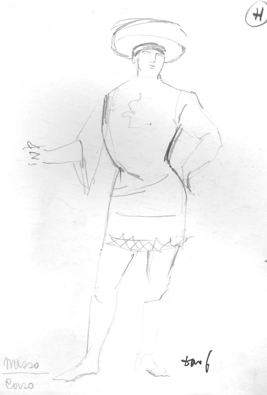 figurino per costume di scena, maschile, in stile cinquecentesco (disegno) di Fo, Dario (XX)
