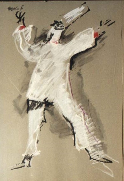 Personaggi della Commedia dell'Arte, Pulcinella, figura maschile in costume (dipinto) di Fo, Dario (XX)