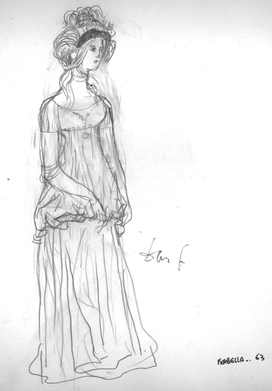 figurino per costume si scena, femminile, in stile cinquecentesco (disegno) di Fo, Dario (XX)