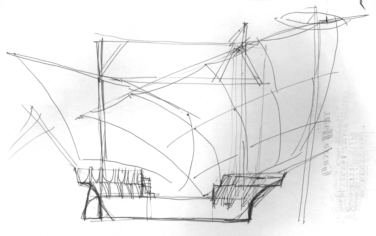 scafo di una caravella con vele issate (disegno per scenografia) di Fo, Dario (XX)