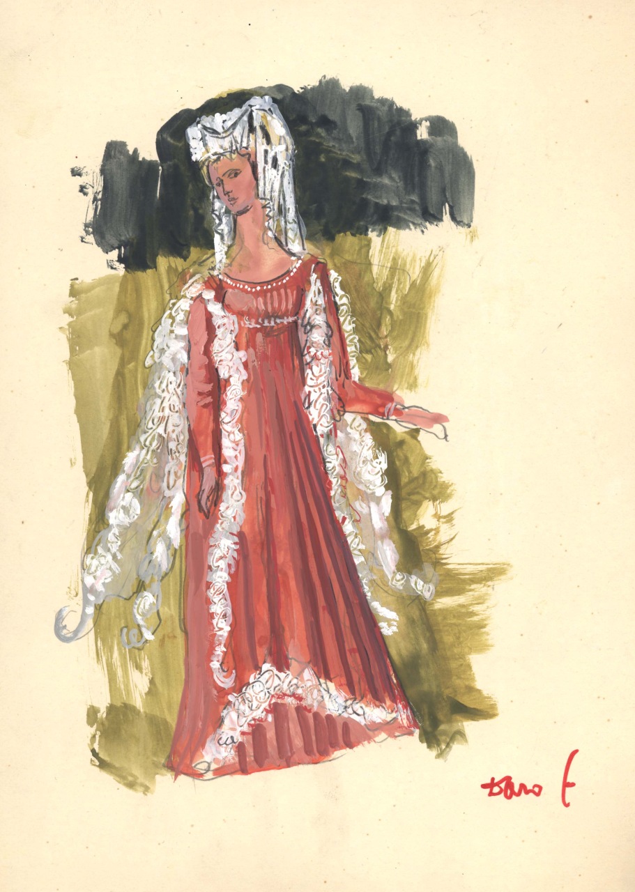 figurino per costume si scena, femminile, in stile cinquecentesco (disegno) di Fo, Dario (XX)