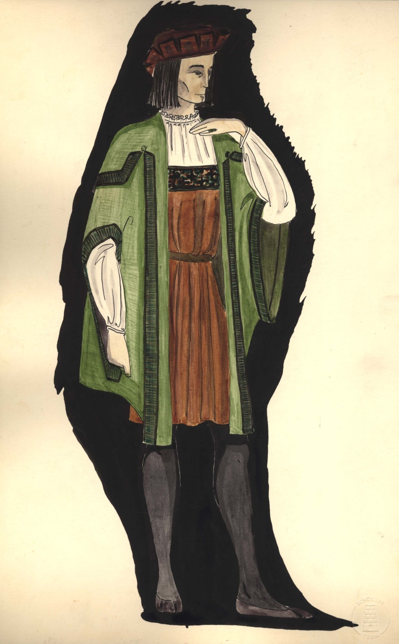 figurino per costume di scena, maschile, in stile cinquecentesco (disegno) di Chino Bert (XX)