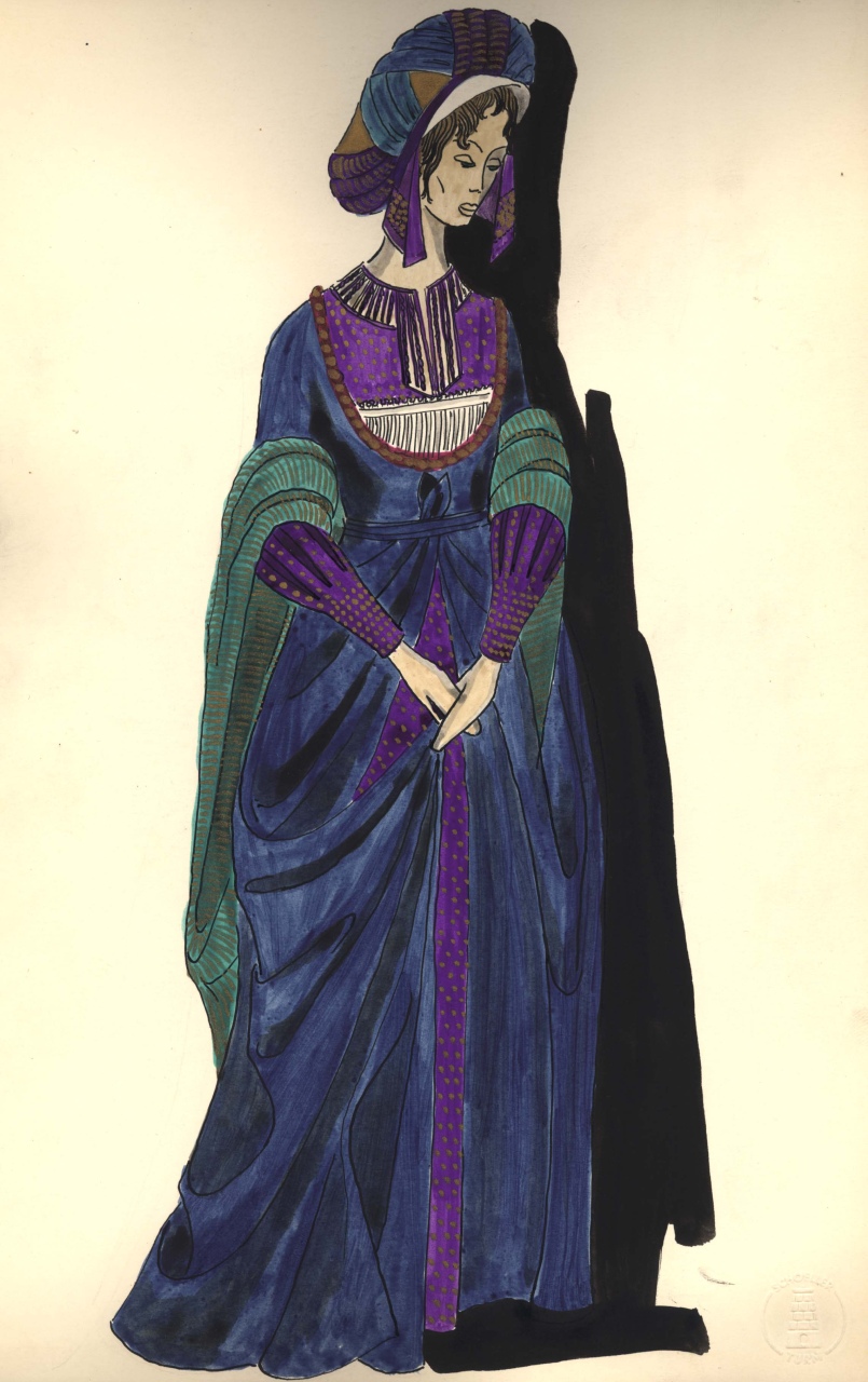 figurino per costume si scena, femminile, in stile cinquecentesco, ancella (disegno) di Chino Bert (XX)