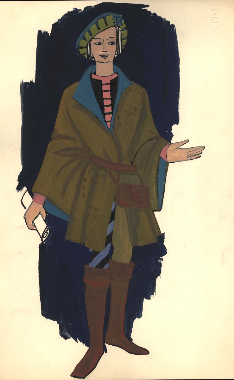 figurino per costume di scena, maschile, in stile cinquecentesco, Colombo (disegno) di Chino Bert (XX)