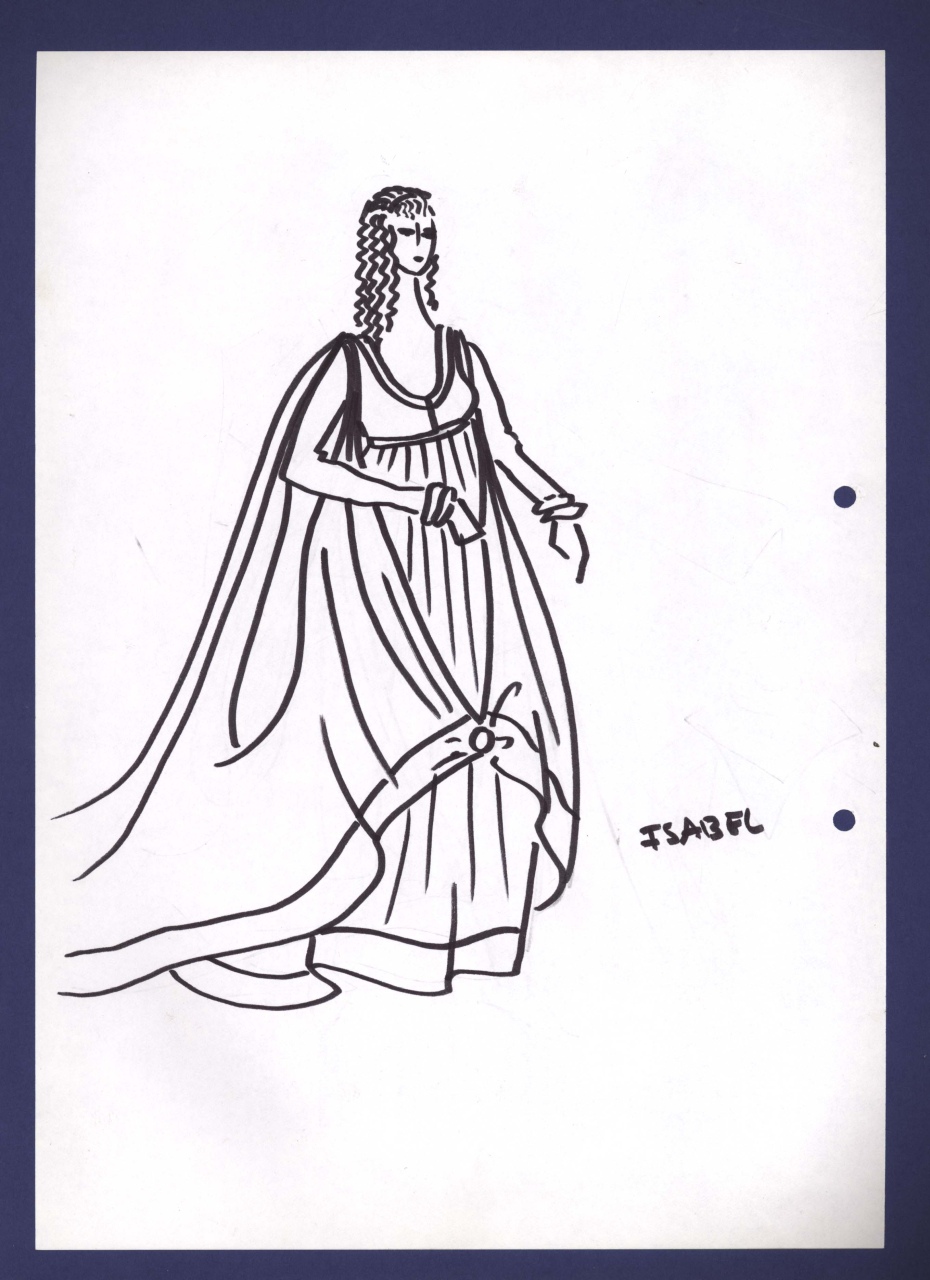 Regina Isabella, figurino per costume di scena, femminile, in stile cinquecentesco (disegno) di Fo, Dario, Carbonell, Miguel (XX)