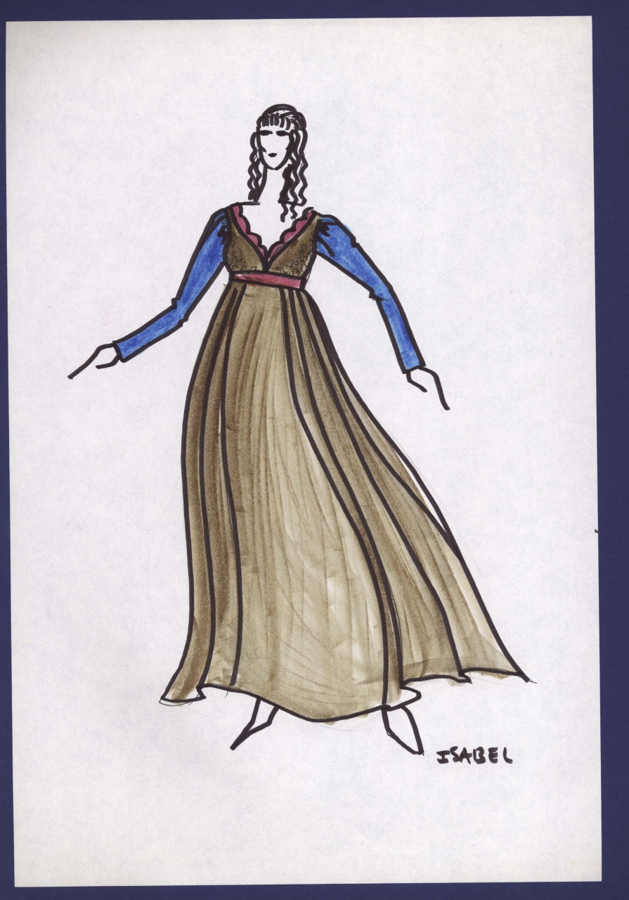 Regina Isabella, figurino per costume si scena, femminile, in stile cinquecentesco (disegno) di Fo, Dario, Carbonell, Miguel (XX)