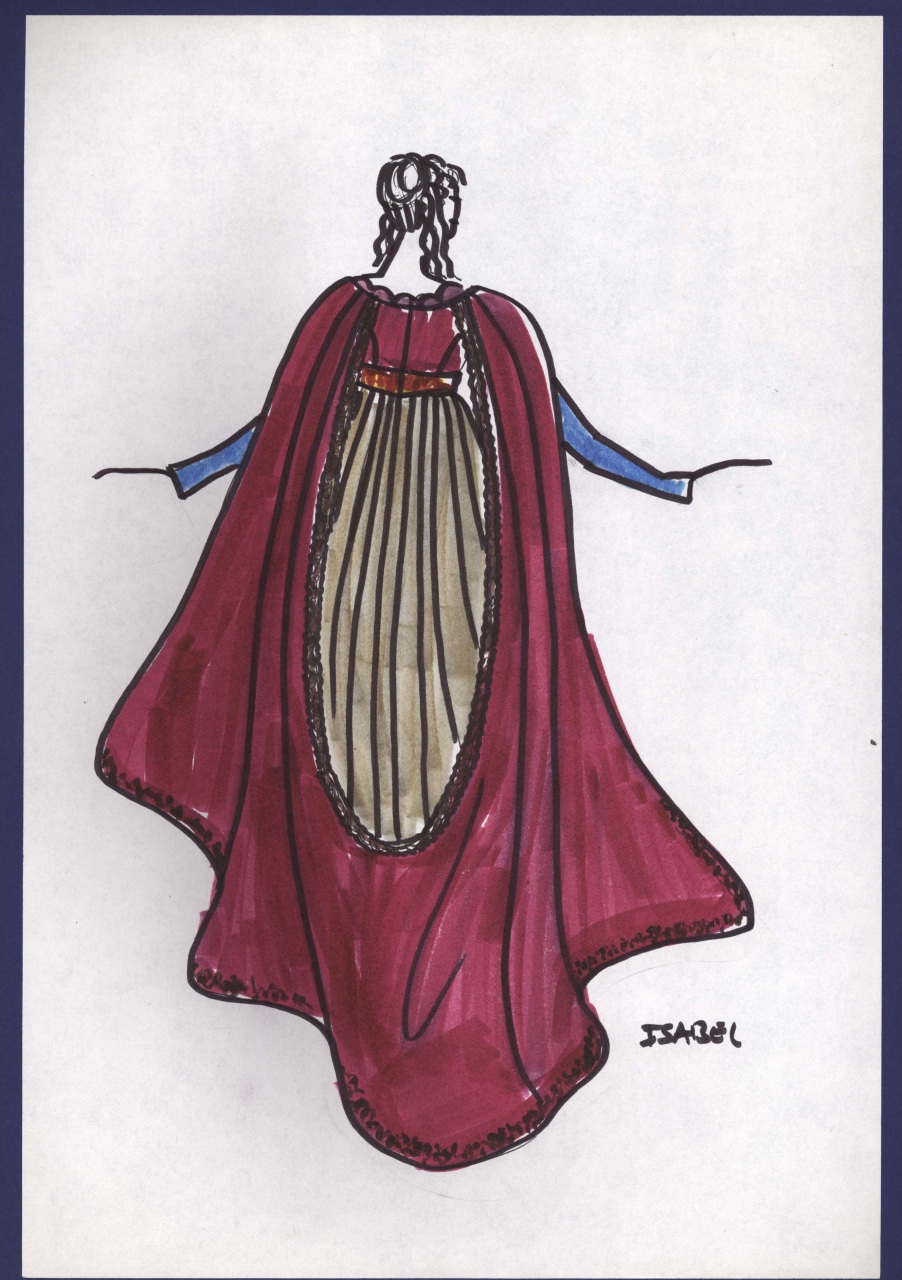 Regina Isabella, figurino per costume si scena, femminile, in stile cinquecentesco (disegno) di Fo, Dario, Carbonell, Miguel (XX)