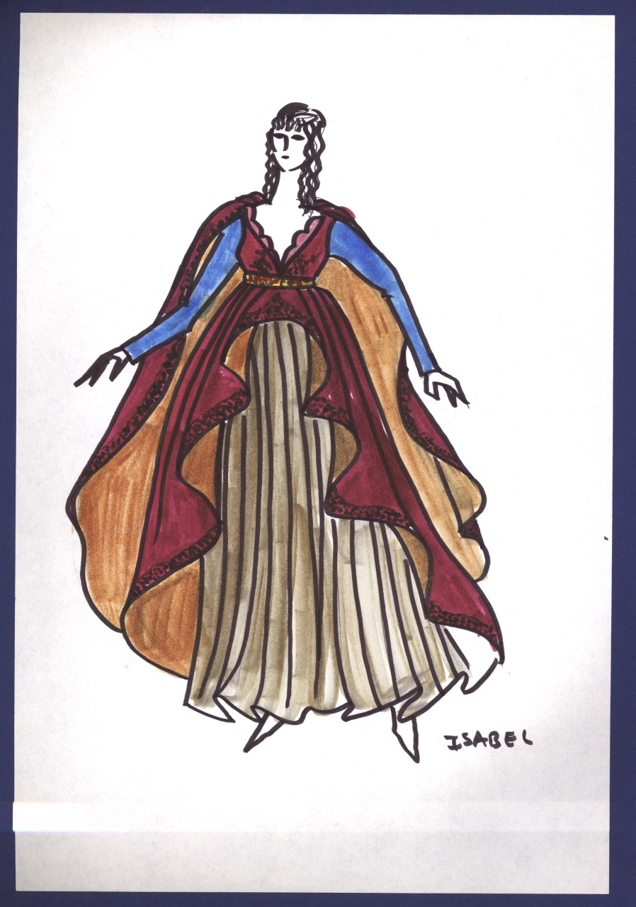 Regina Isabella, figurino per costume di scena, femminile, in stile cinquecentesco (disegno) di Fo, Dario, Carbonell, Miguel (XX)