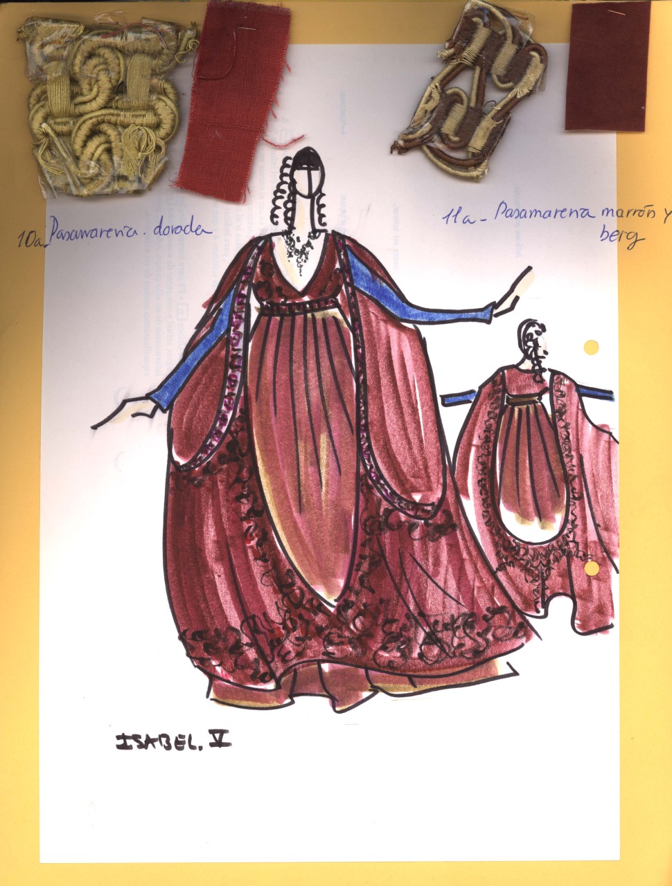 Regina Isabella, figurino per costume di scena, femminile, in stile cinquecentesco (disegno) di Fo, Dario, Carbonell, Miguel (XX)