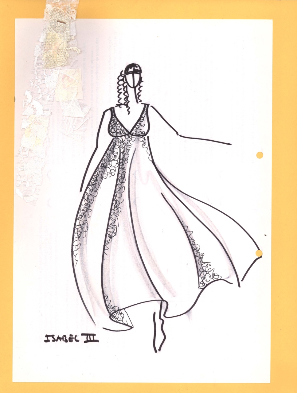 Regina Isabella, figurino per costume di scena, femminile, in stile cinquecentesco (disegno) di Fo, Dario, Carbonell, Miguel (XX)