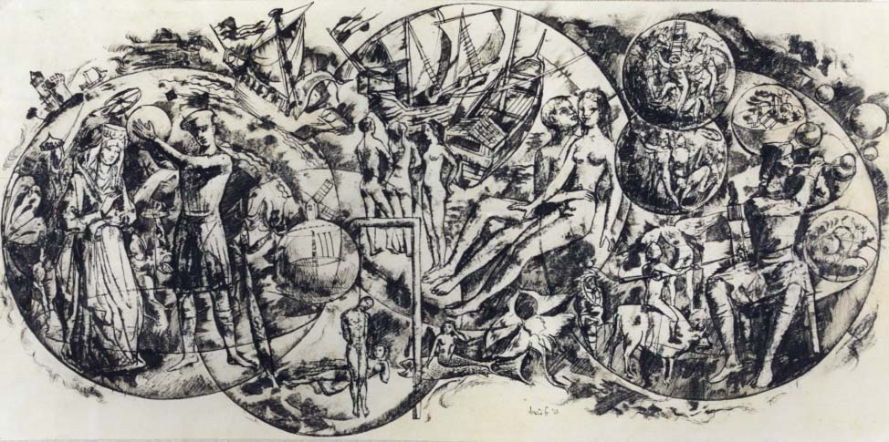 scene sul Nuovo Mondo d'America, studio per manifesto (disegno) di Fo, Dario (XX)