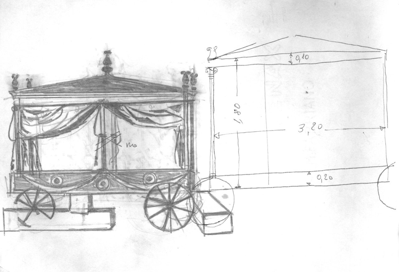 studio per scenografia teatrale: carretto funebre (disegno per scenografia) di Fo, Dario (XX)