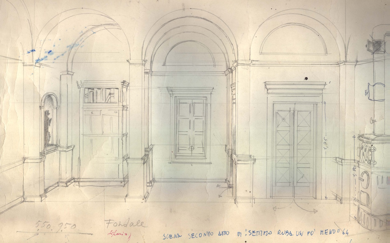 studio per scenografia teatrale: fondale (disegno per scenografia) di Fo, Dario (XX)