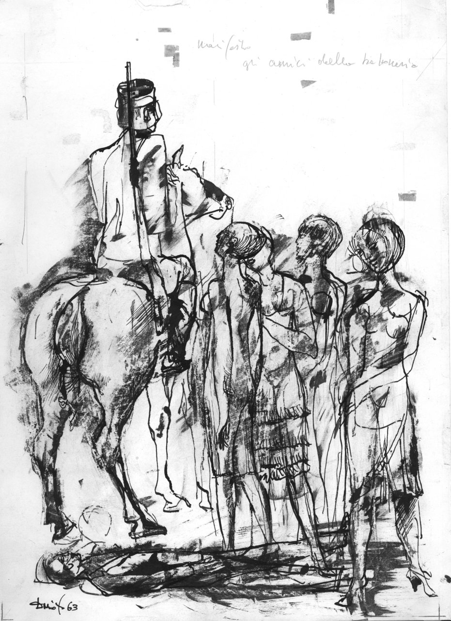 uomo in groppa a un cavallo e donne, studio per manifesto (disegno) di Fo, Dario (XX)
