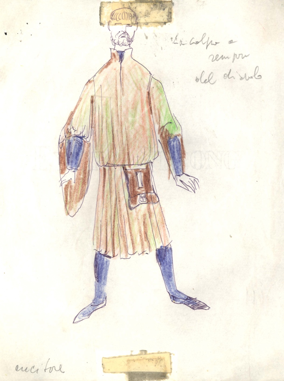 figurino per costume di scena, maschile, in stile alto-medioevo (disegno) di Fo, Dario (XX)