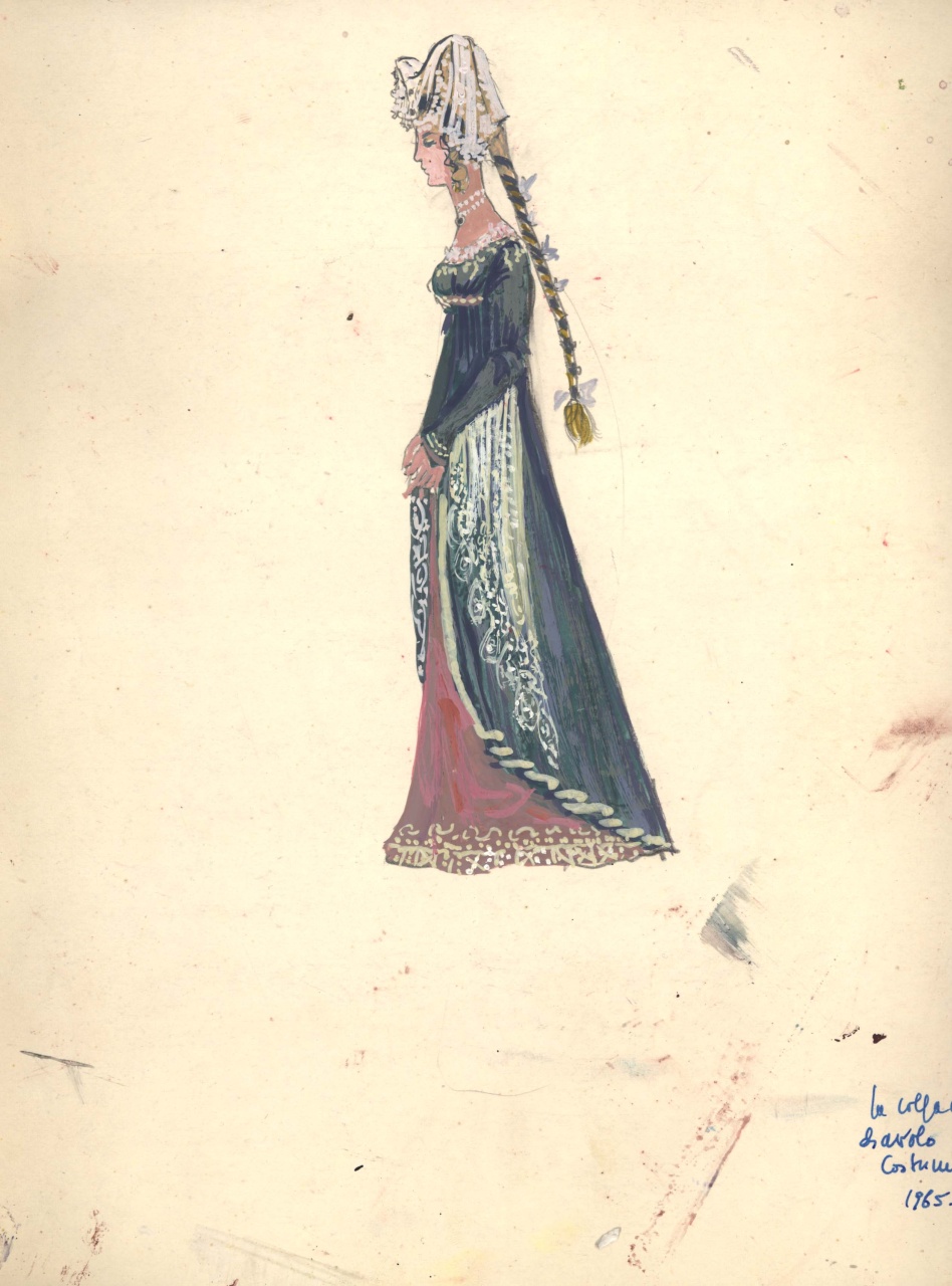 figurino per costume di scena, femminile, in stile alto-medioevo (disegno) di Fo, Dario (XX)