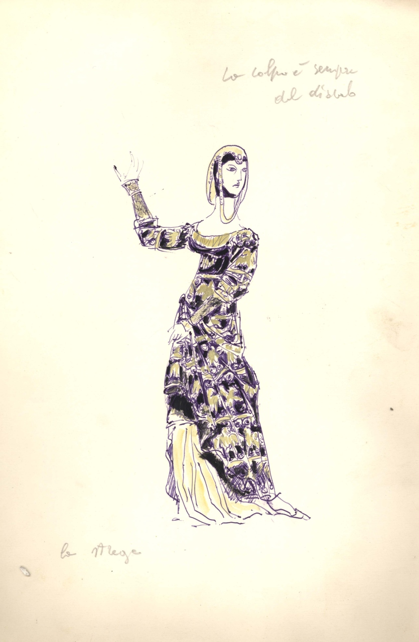 figurino per costume di scena, femminile, in stile alto-medioevo (disegno) di Fo, Dario (XX)