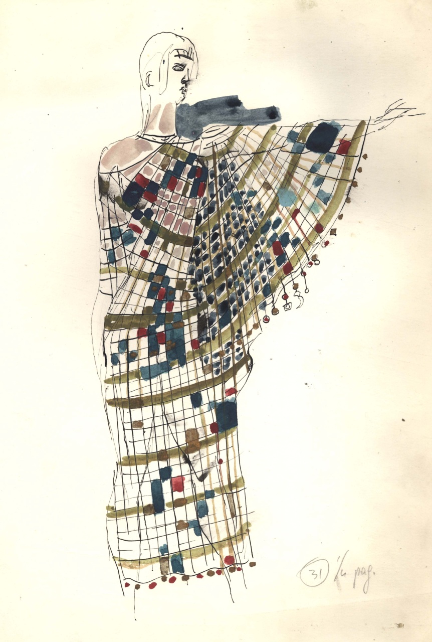 figurino per costume di scena, maschile, in stile alto-medioevo (disegno) di Fo, Dario (XX)