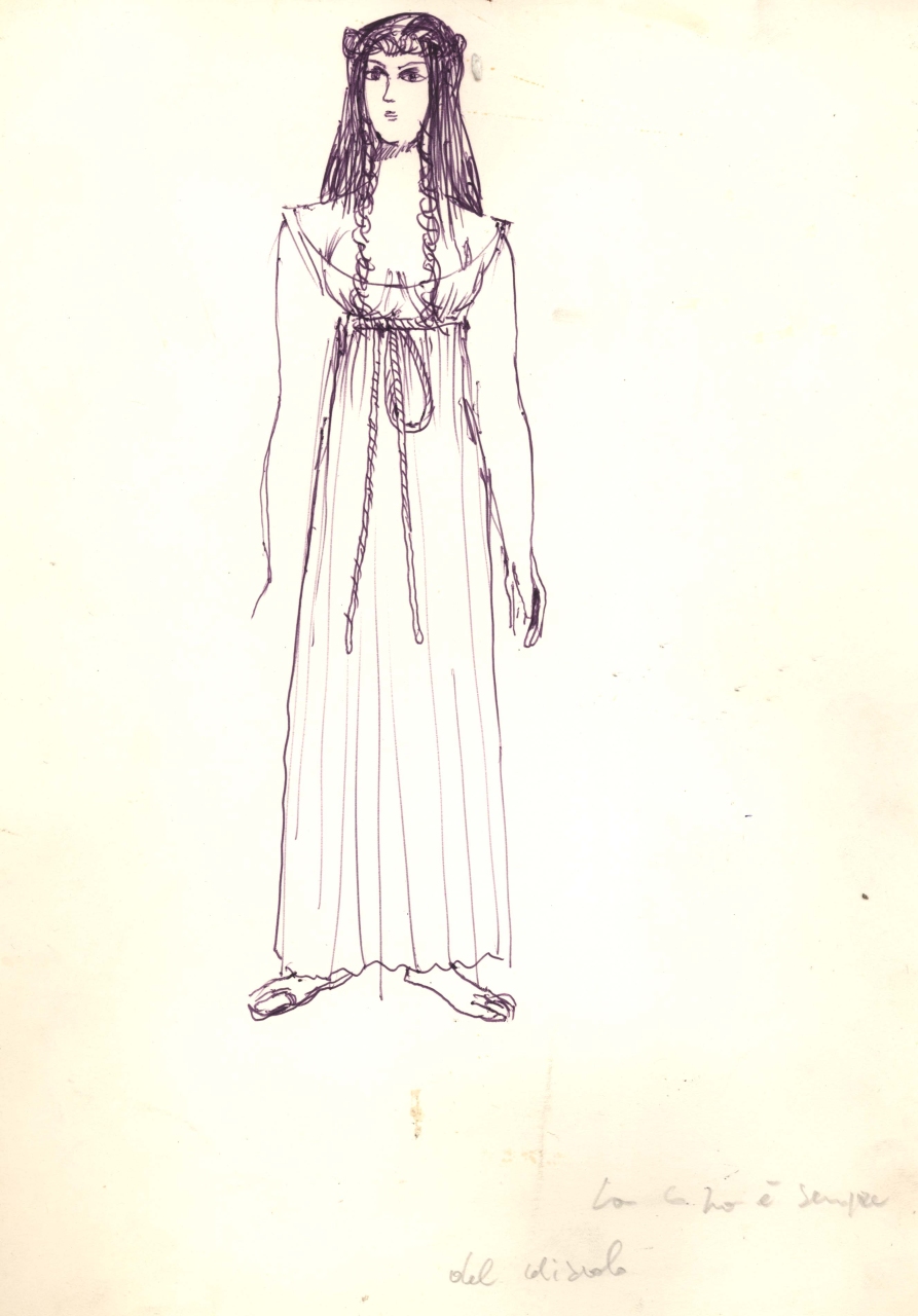 figurino per costume di scena, femminile, in stile alto-medioevo (disegno) di Fo, Dario (XX)