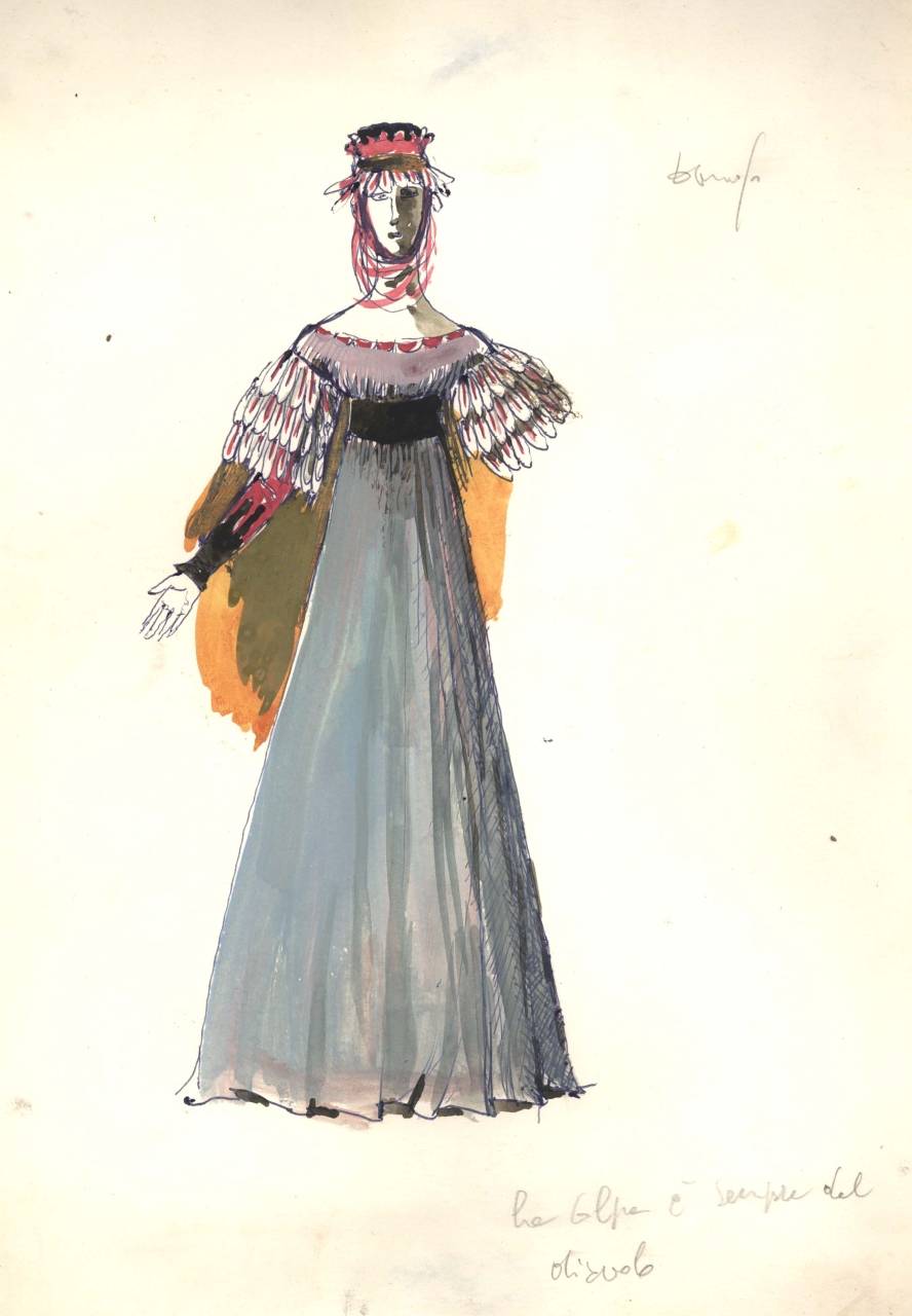 figurino per costume di scena, femminile, in stile alto-medioevo (disegno) di Fo, Dario (XX)