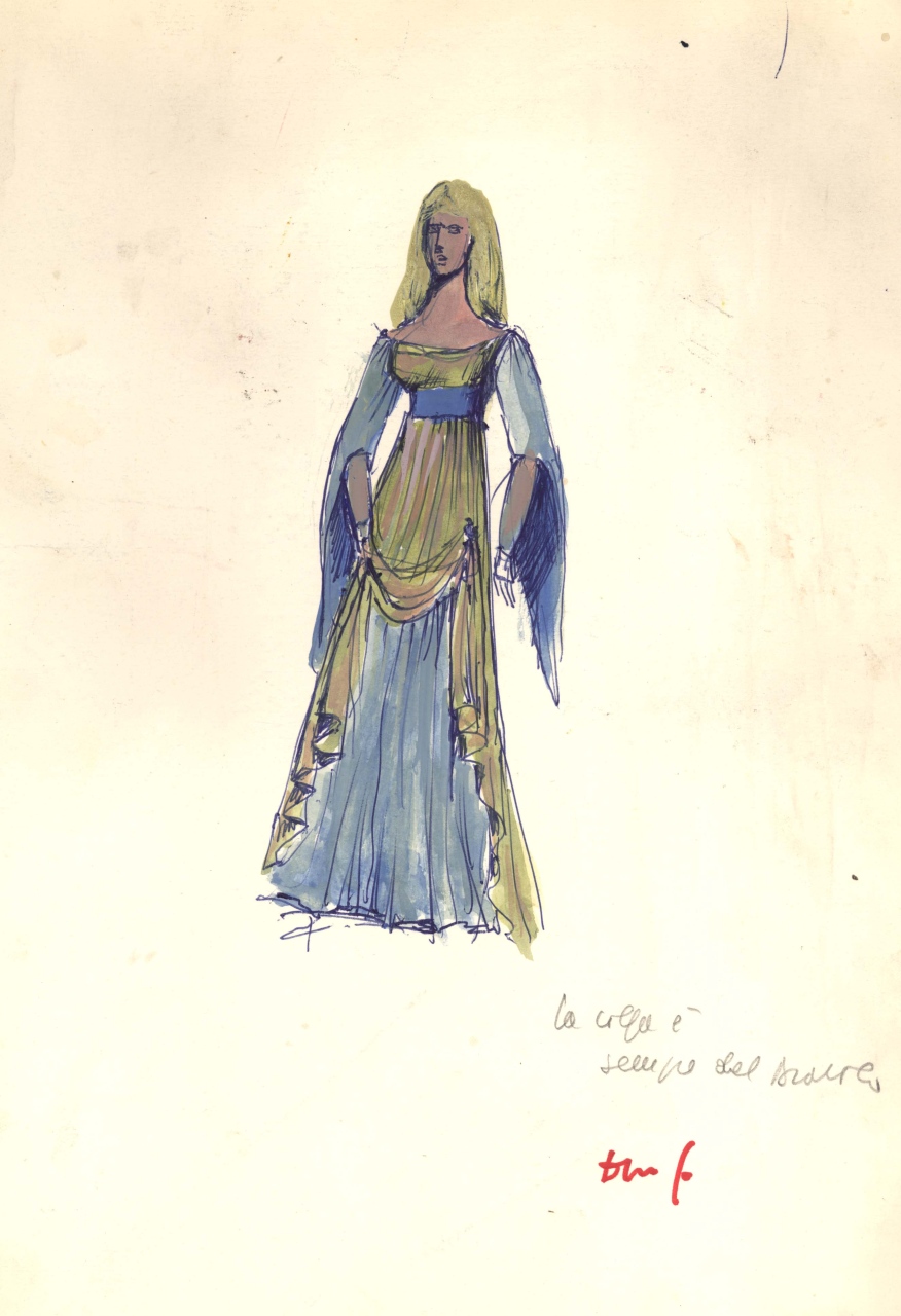 figurino per costume di scena, femminile, in stile alto-medioevo (disegno) di Fo, Dario (XX)
