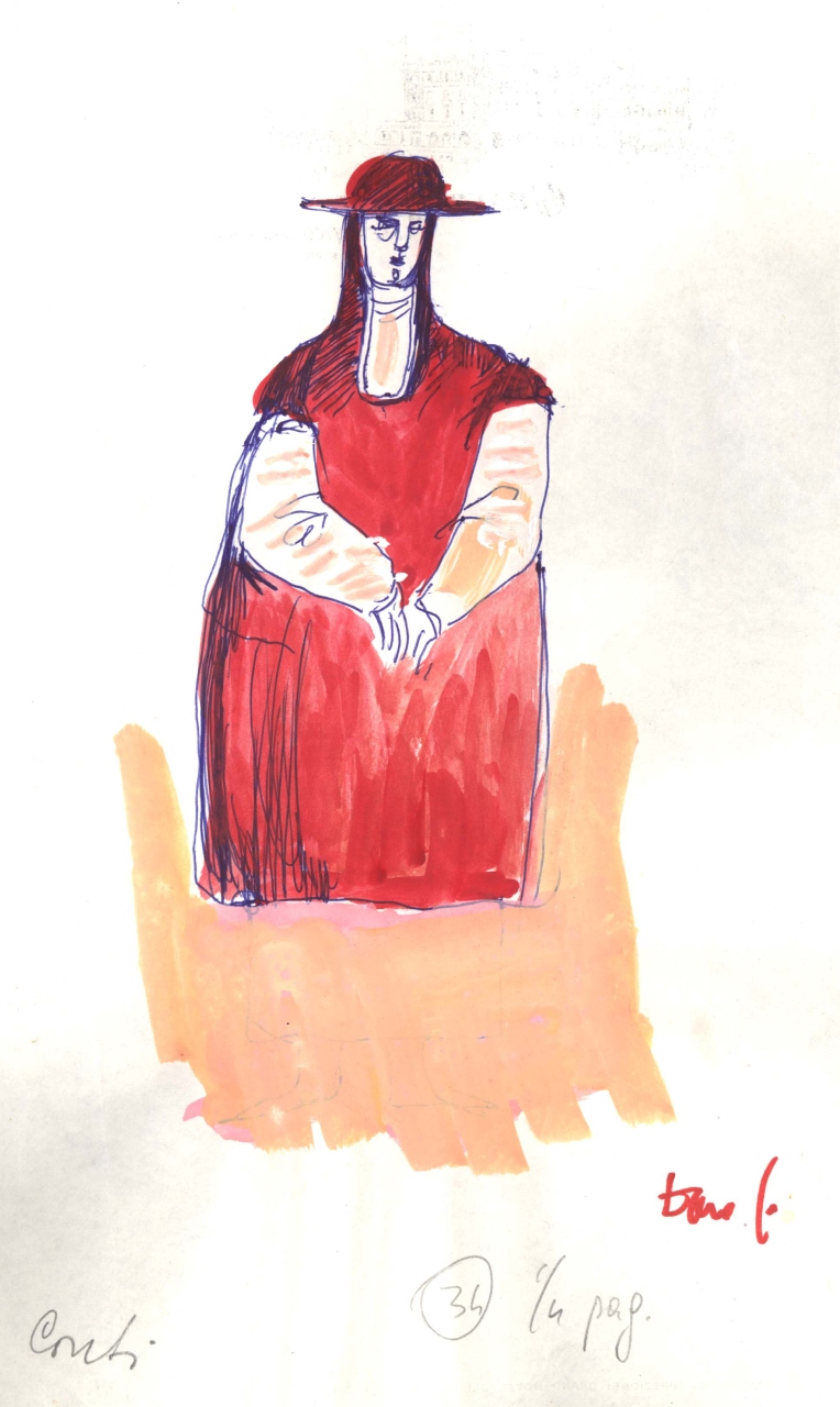 figurino per costume di scena, maschile, in stile alto-medioevo (disegno) di Fo, Dario (XX)