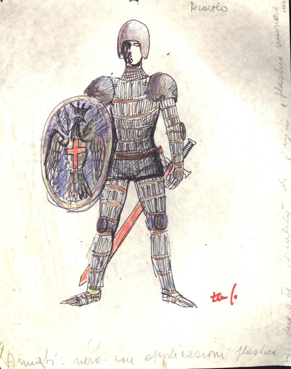 figurino per costume di scena, maschile, in stile alto-medioevo, armatura (disegno) di Fo, Dario (XX)