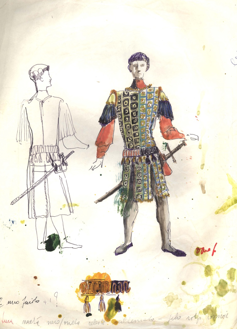 figurino per costume di scena, maschile, in stile alto-medioevo (disegno) di Fo, Dario (XX)