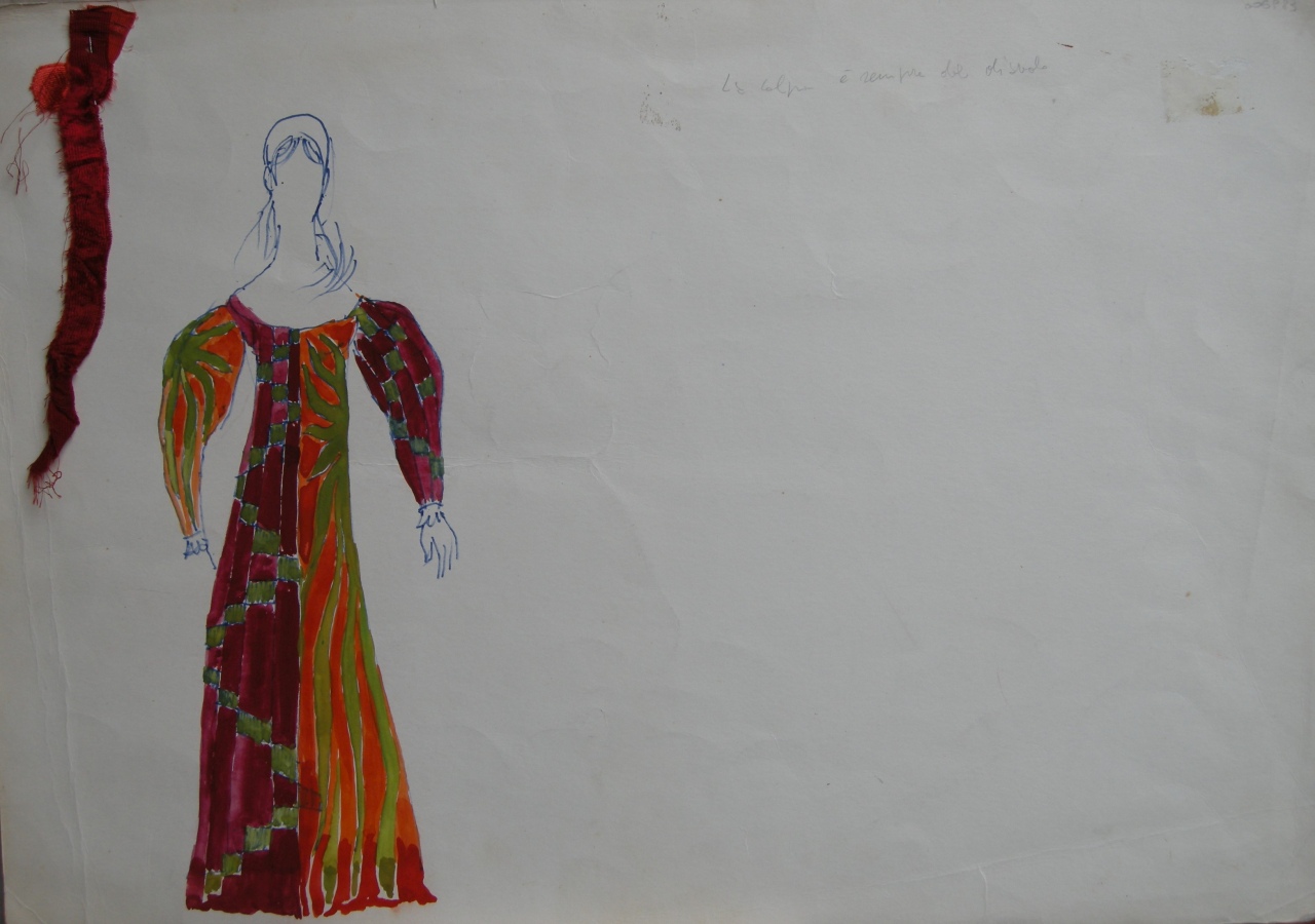 figurino per costume di scena, femminile, in stile alto-medioevo (disegno) di Fo, Dario (XX)