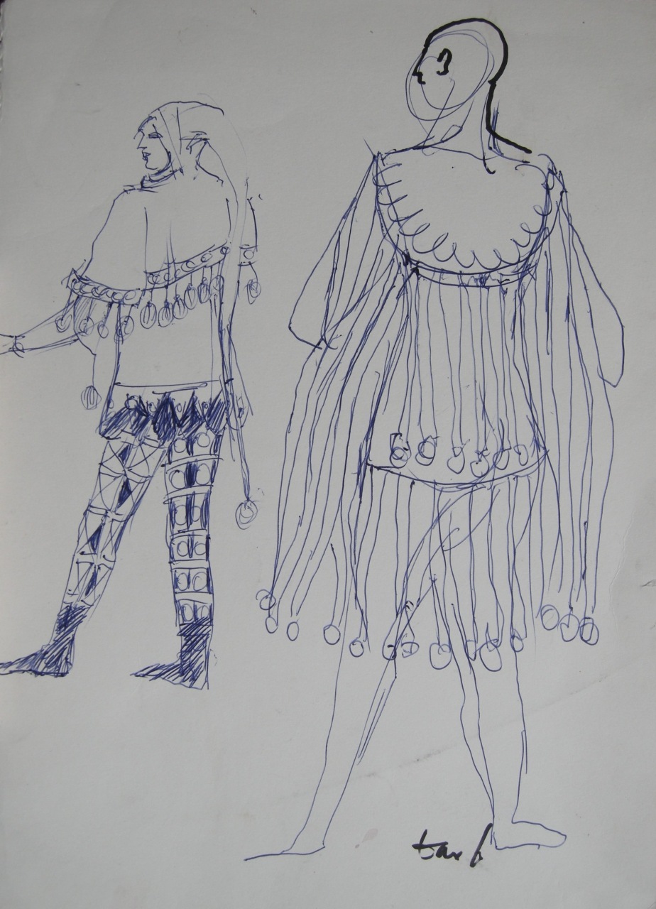 figurini per costumi di scena, maschili, in stile alto-medioevo (disegno) di Fo, Dario (XX)
