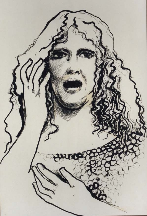 Franca in Maria alla Croce, Franca in Medea, ritratto, in primo piano, di Franca Rame nel ruolo di Maria alla Croce (disegno) di Fo, Dario (XX)