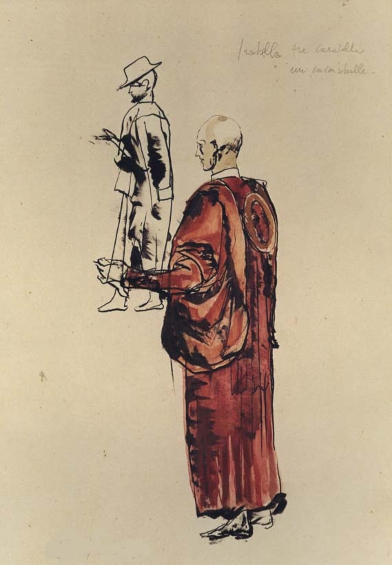 figurini per costumi di scena, maschili, in stile cinquecentesco (disegno) di Fo, Dario (XX)