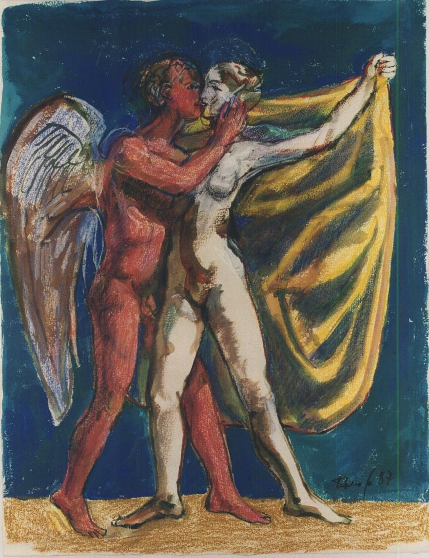 arcangelo e figura femminile con mantello giallo (disegno) di Fo, Dario (XX)